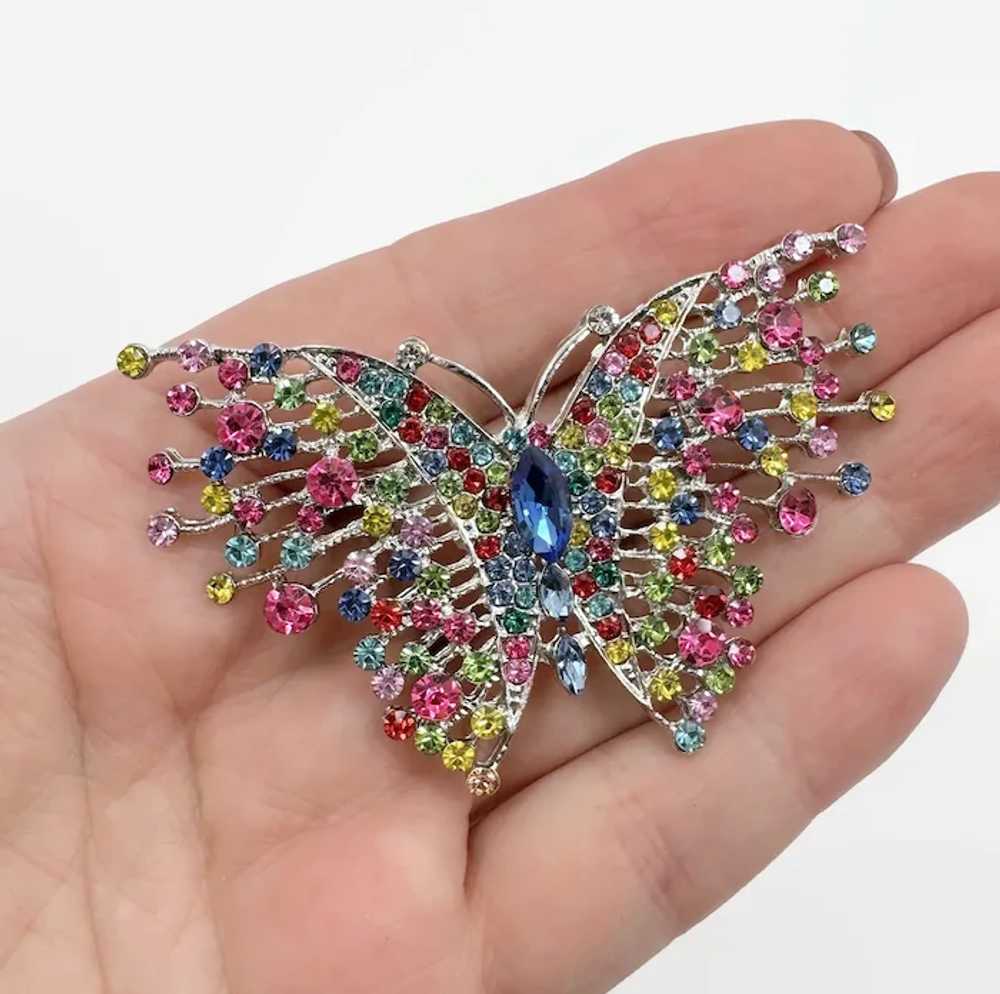 Butterfly Brooch, Rainbow, Rhinestones, Pink, Blu… - image 2