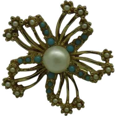 Faux Pearl & Turquoise Flower Pinwheel Brooch Gol… - image 1