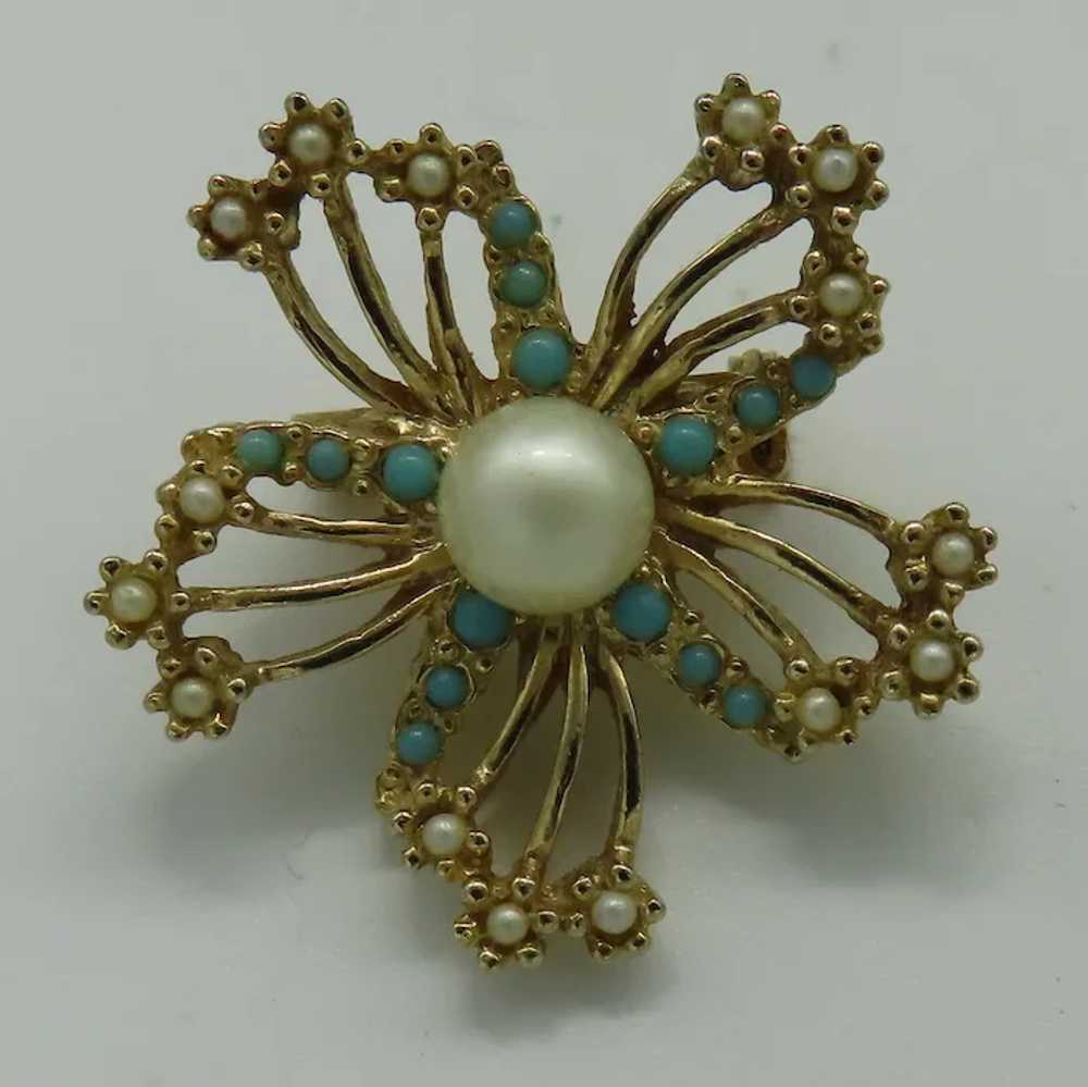 Faux Pearl & Turquoise Flower Pinwheel Brooch Gol… - image 2