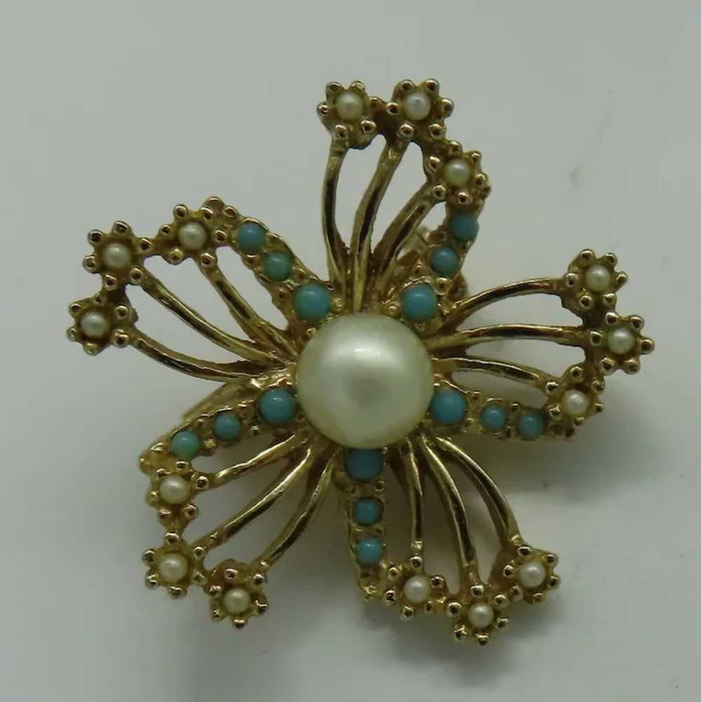 Faux Pearl & Turquoise Flower Pinwheel Brooch Gol… - image 3