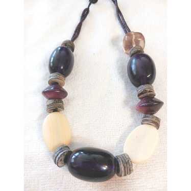 Large Amethyst Gemstones Necklace Corded Wood Bea… - image 1