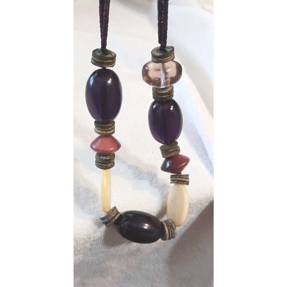 Large Amethyst Gemstones Necklace Corded Wood Bea… - image 5