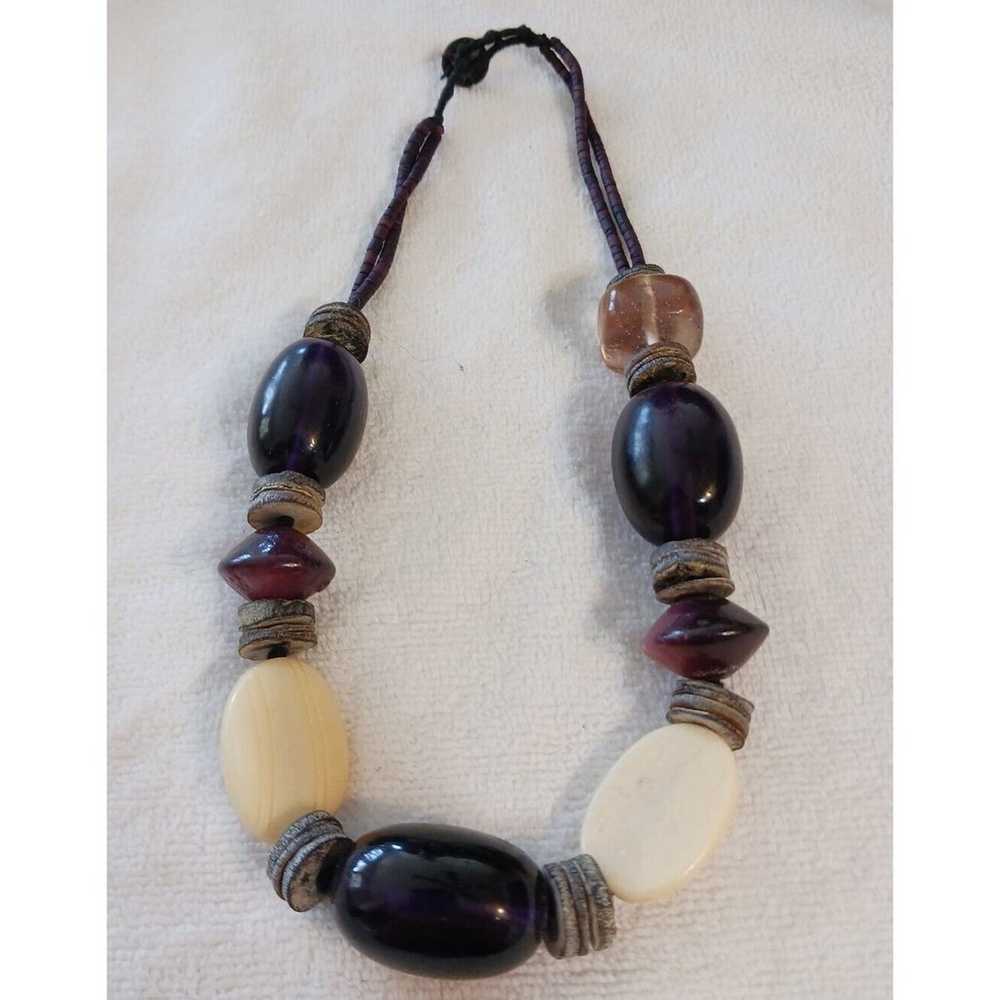 Large Amethyst Gemstones Necklace Corded Wood Bea… - image 9