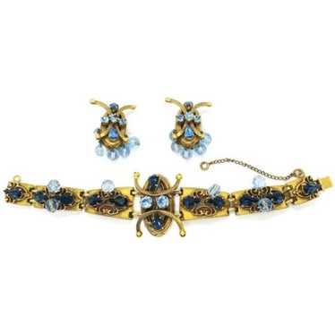 Elegant Vintage Gold Tone Blue Bead & Rhinestone … - image 1