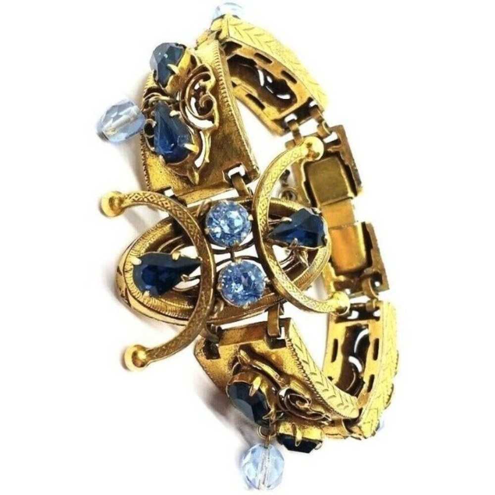 Elegant Vintage Gold Tone Blue Bead & Rhinestone … - image 3