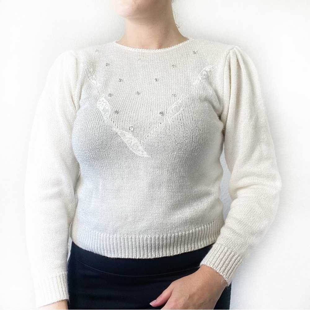 Vintage 80s Cream Knit Rhinestone Sweater Size Pe… - image 1