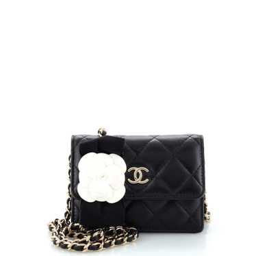 CHANEL Camellia Bow Flap Card Holder with Chain Qu