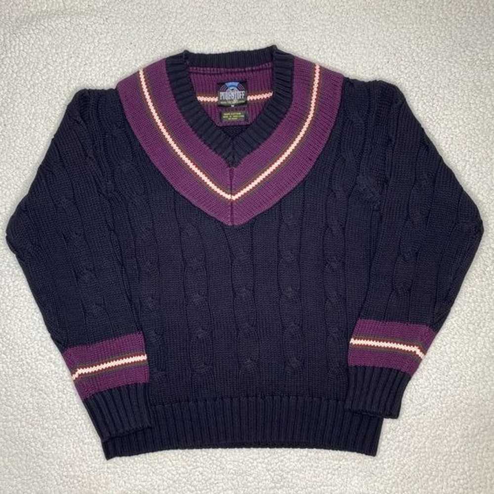 Vintage 100% Pure Stuff Cable Knit V-Neck Sweater… - image 1