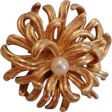 Vintage Signed Gold Plated Glass Pearl Brooch – P… - image 1