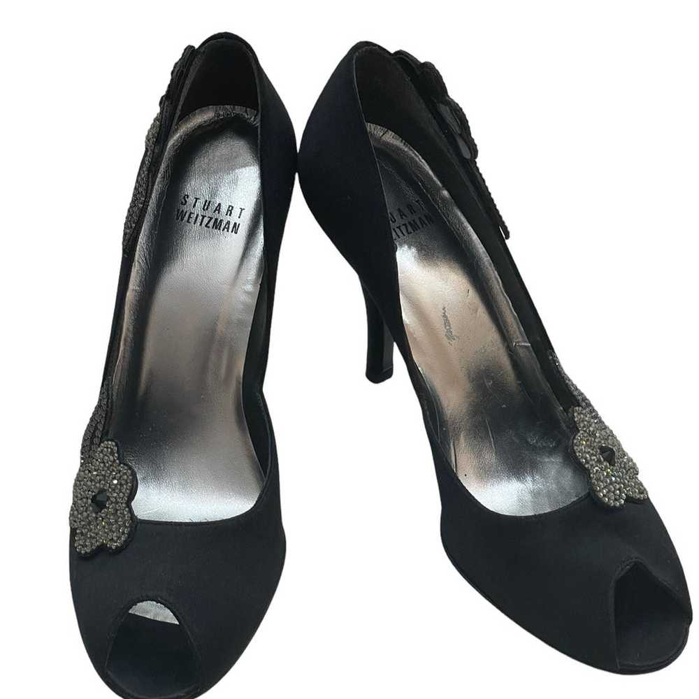 Stuart Weitzman black satin flower pointed toe pu… - image 7