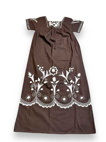 1970s Chocolate Brown and Creme Boho Dress
