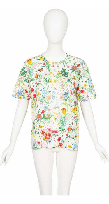 Gucci 1970s "Flora" Print White Cotton Crew Neck T