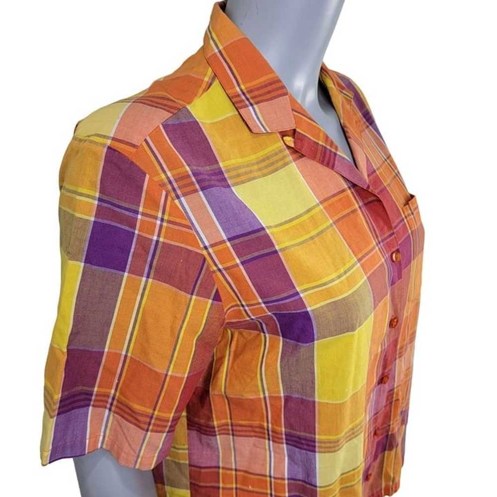 Vintage 80s Colorful Plaid Button Shirt Women Lar… - image 10
