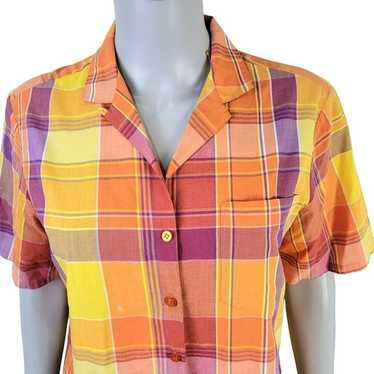 Vintage 80s Colorful Plaid Button Shirt Women Lar… - image 1