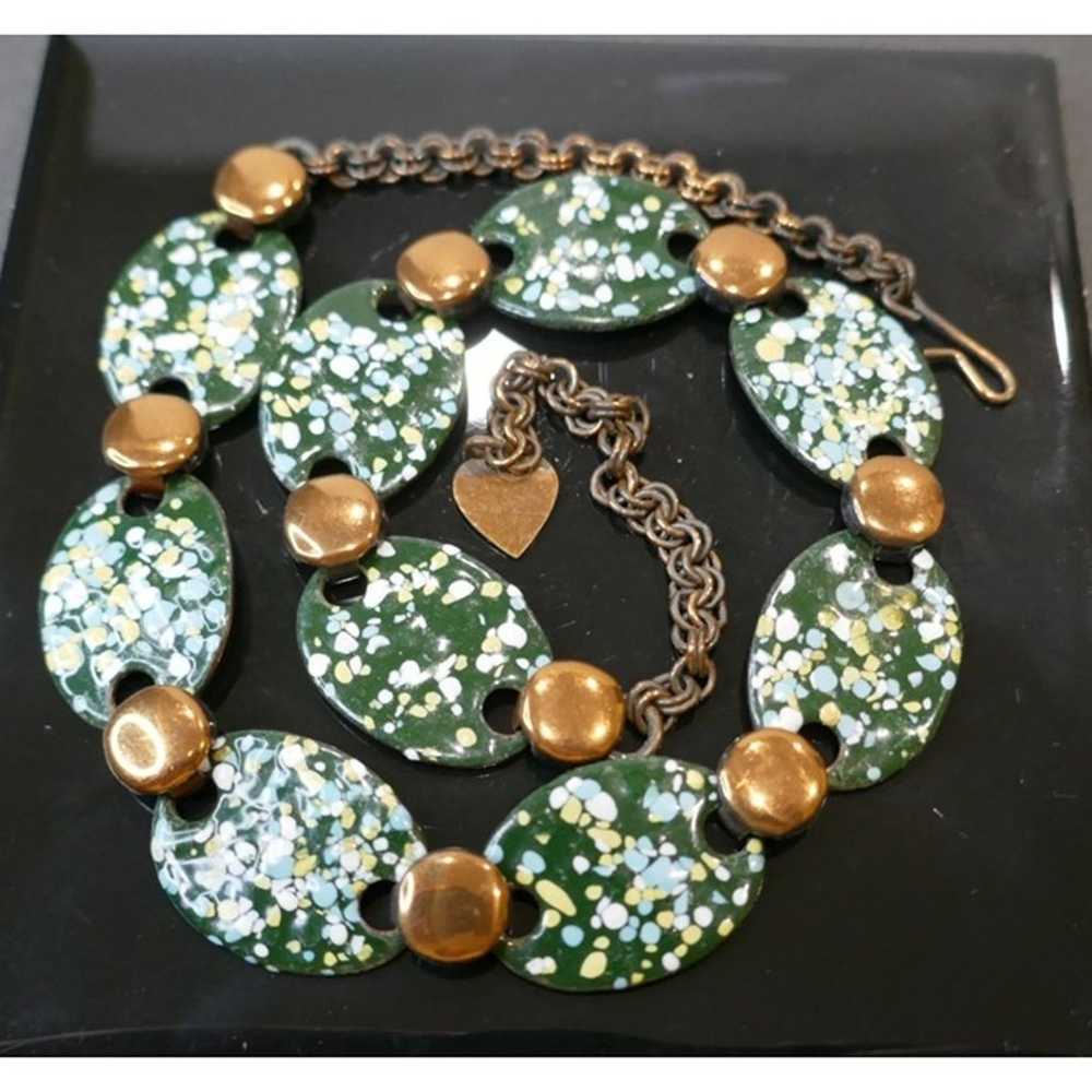 Vintage MCM Enamel & Copper Necklace - Green & Wh… - image 1