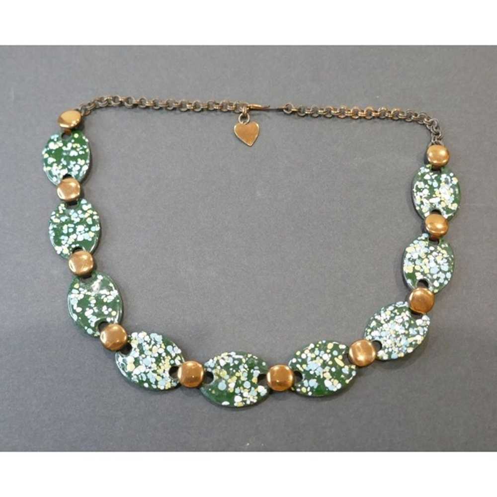 Vintage MCM Enamel & Copper Necklace - Green & Wh… - image 2