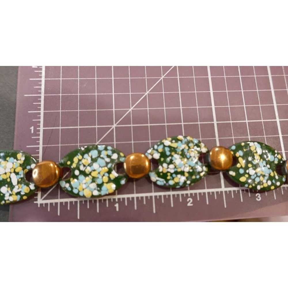 Vintage MCM Enamel & Copper Necklace - Green & Wh… - image 5