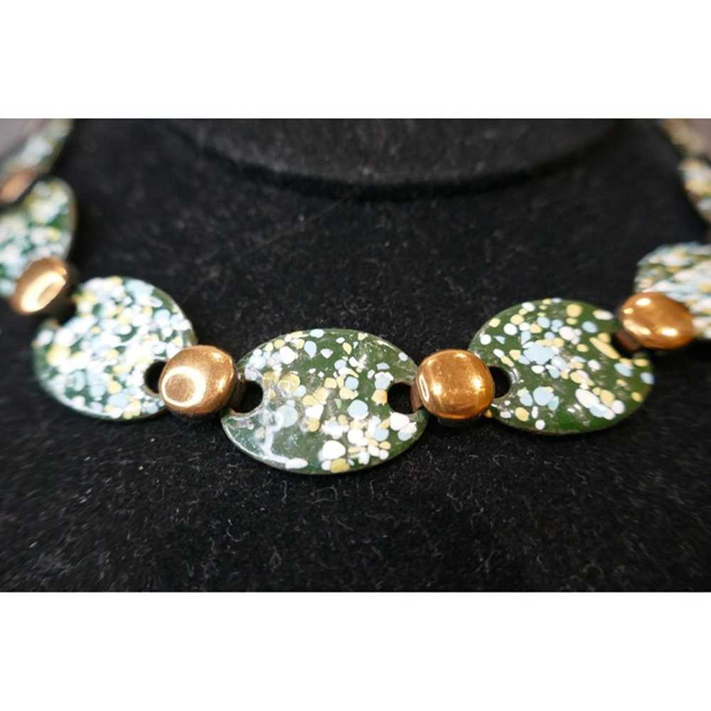 Vintage MCM Enamel & Copper Necklace - Green & Wh… - image 6