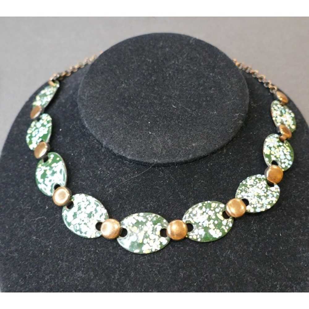 Vintage MCM Enamel & Copper Necklace - Green & Wh… - image 7
