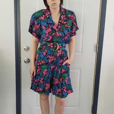 80s Tropical Floral Rayon Romper - image 1