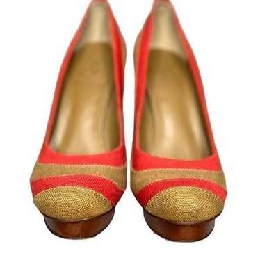 Tory  Burch Joelle Tan and Red Stacked Wood Heel … - image 1
