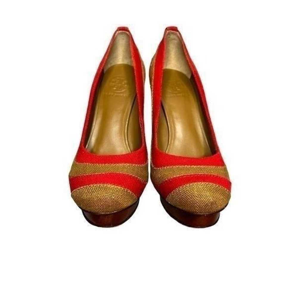 Tory  Burch Joelle Tan and Red Stacked Wood Heel … - image 2