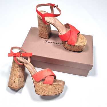 New! Gianvito Rossi Coral Red Suede Cross Strap Pl