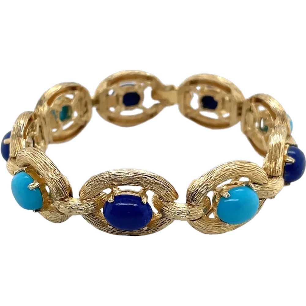 14K Yellow Gold Turquoise and Lapis Bracelet - image 1