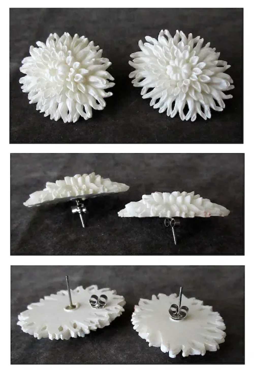 Vintage, White Chrysanthemum Flower Pierced Earri… - image 2