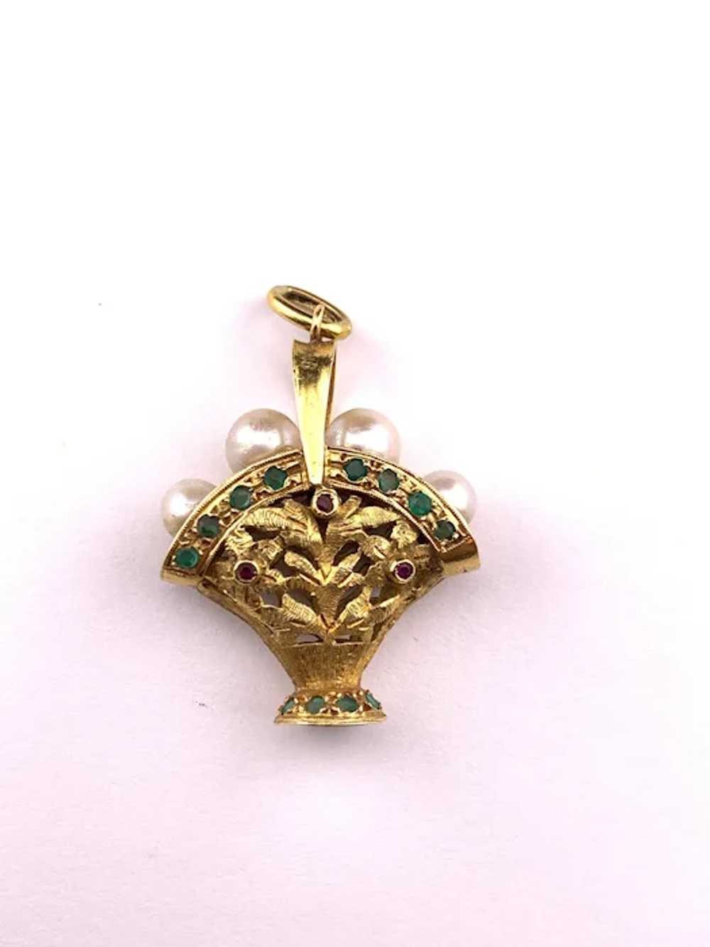 Vintage 18K, Ruby, Emerald & Pearl Italian Basket… - image 3