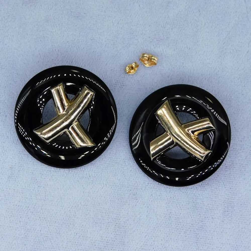 Vintage 14K Yellow Gold Onyx XO Stud Earrings Pos… - image 9