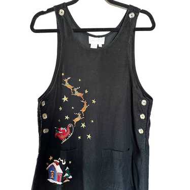 Embroidered Christmas Overall Dress Black Corduroy