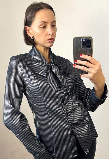 Grey Silky Striped Pussy bow Blouse, Satin Bow ti… - image 1