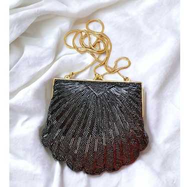 Scalloped Clamshell Black Glass Bead Evening Bag … - image 1