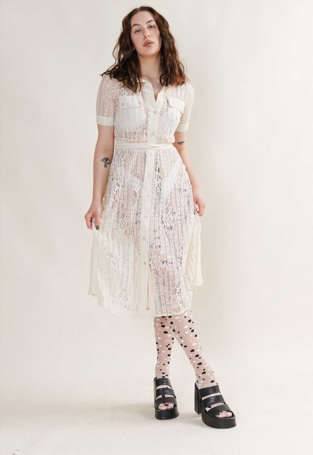 Vintage Romantic Semi Sheer Lace Button Up Dress … - image 3