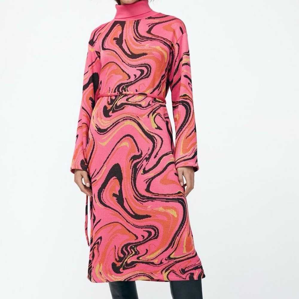 Zara Pink Black Orange Midi Jacquard Knit Dress W… - image 1
