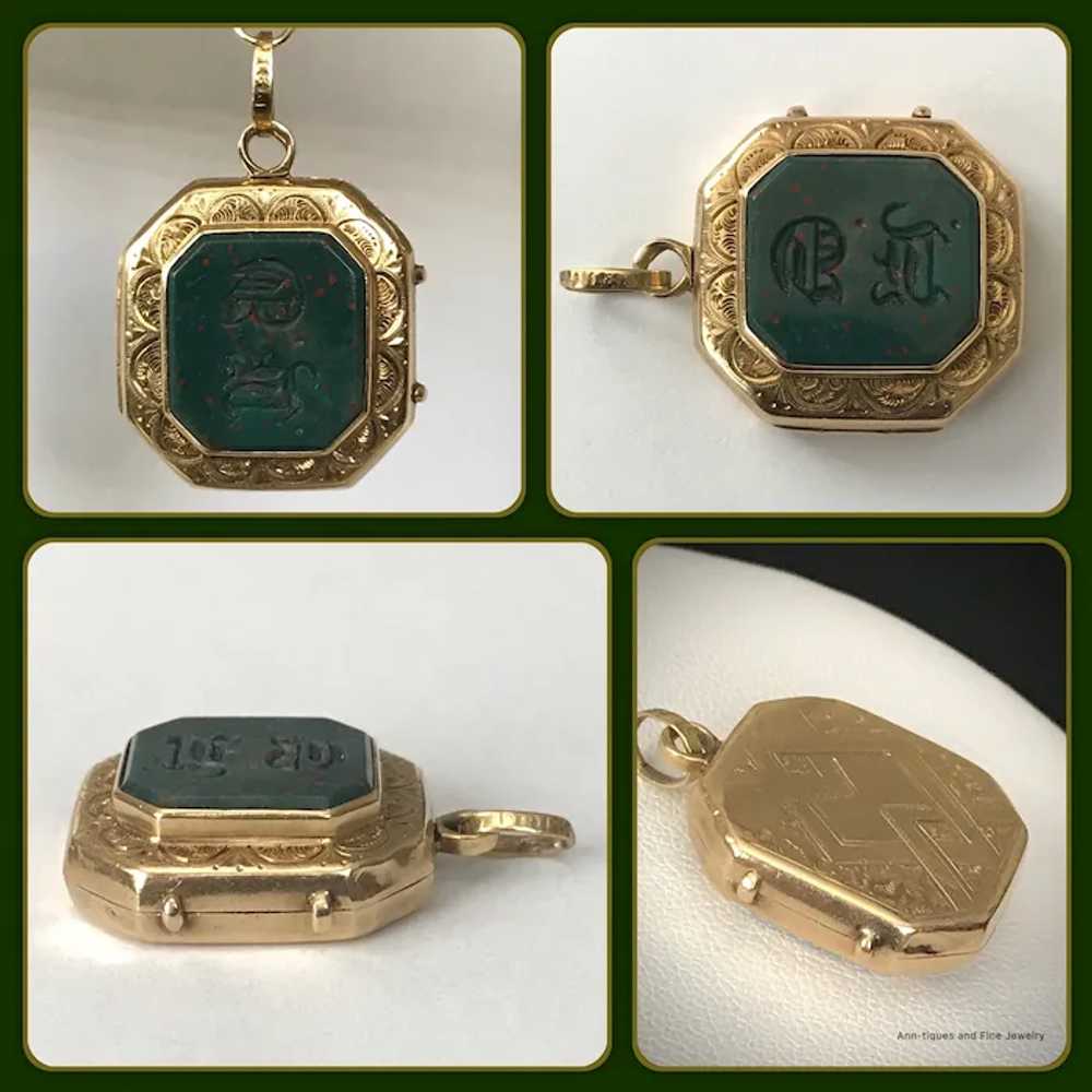 18K YG Victorian Bloodstone Seal Locket Pendant - image 2