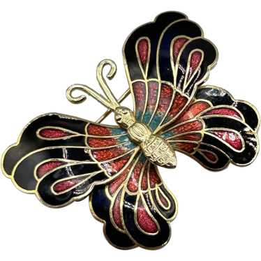 Vintage Red and Black Enamel Butterfly Pin Brooch… - image 1
