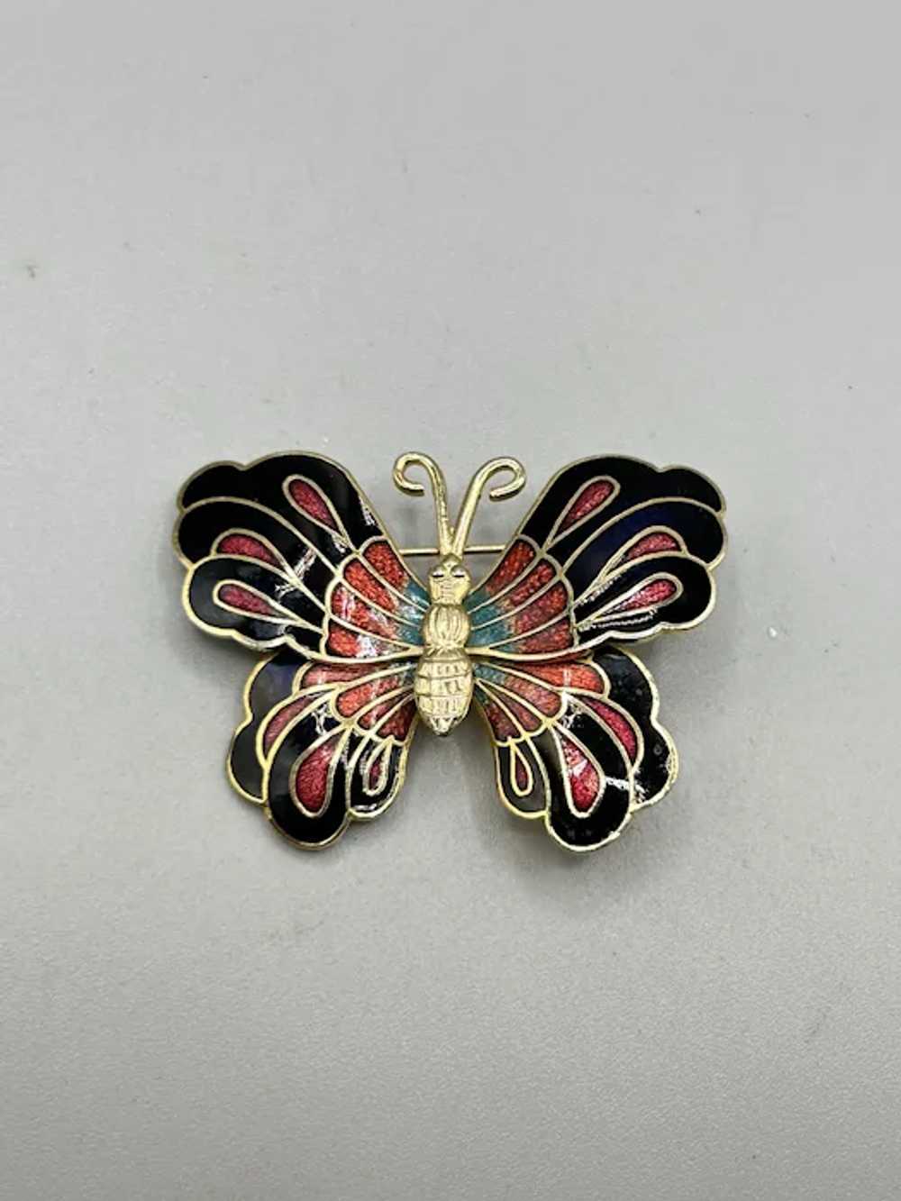 Vintage Red and Black Enamel Butterfly Pin Brooch… - image 2