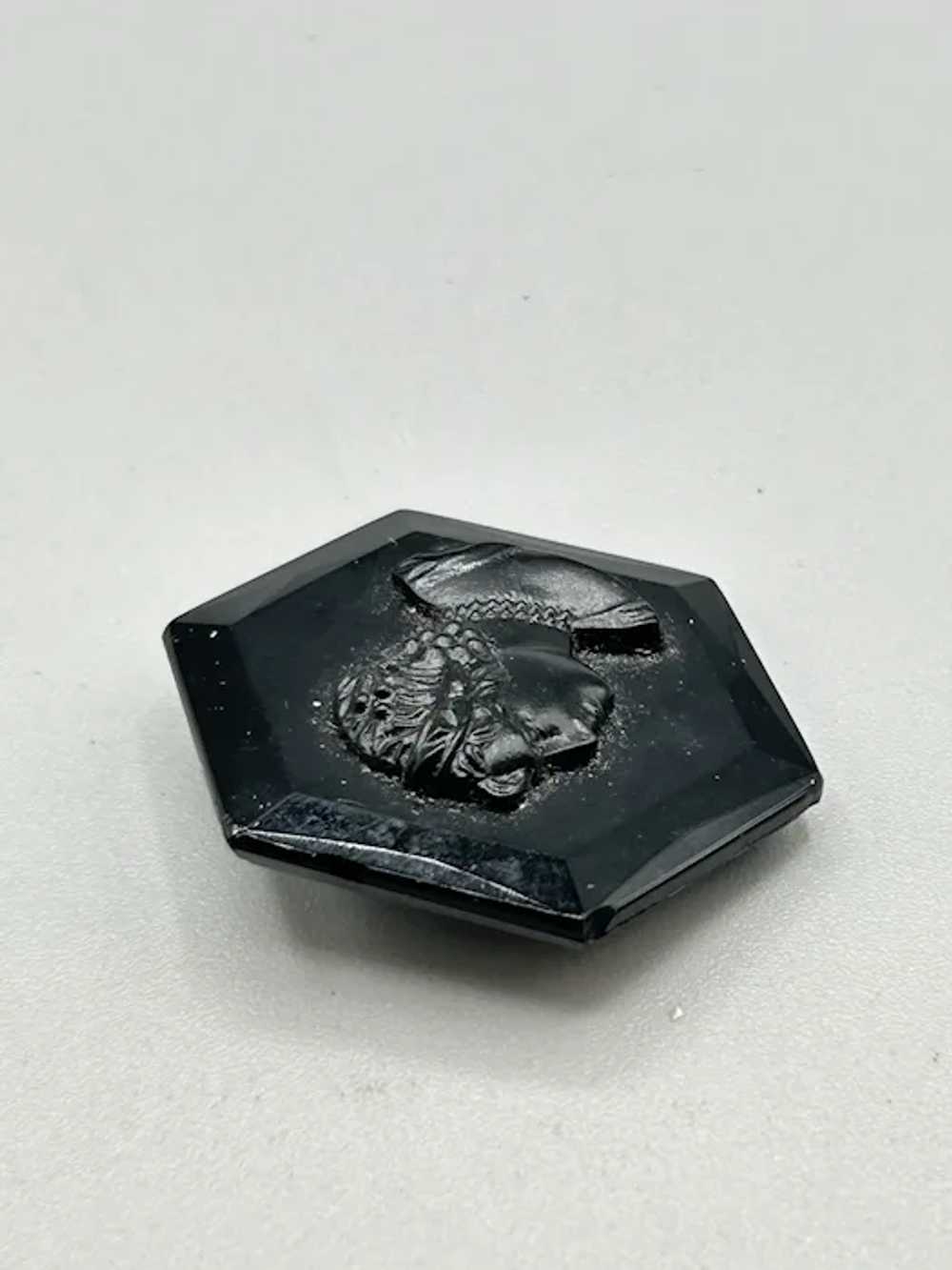 Vintage Black Glass Cameo Pin Brooch Hexagon Left… - image 6