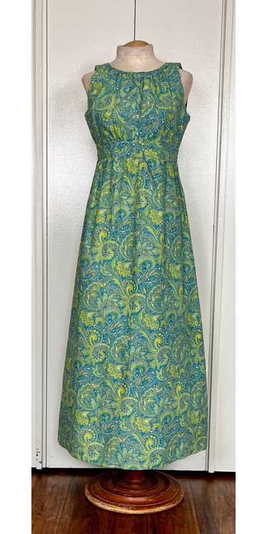 Vintage 1970's Home-Sewn Green Paisley Dress