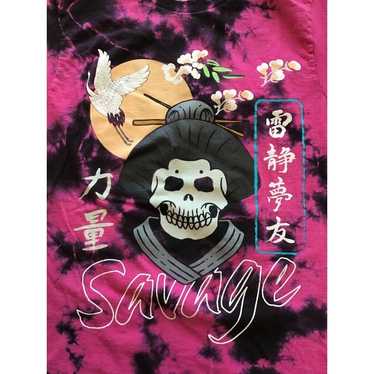 Savage Vibes Geisha Skull T-Shirt, Blotchy Fushia… - image 1
