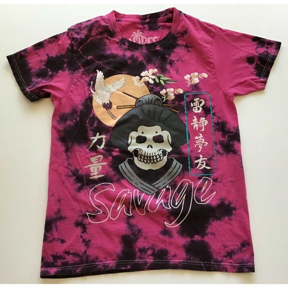 Savage Vibes Geisha Skull T-Shirt, Blotchy Fushia… - image 2