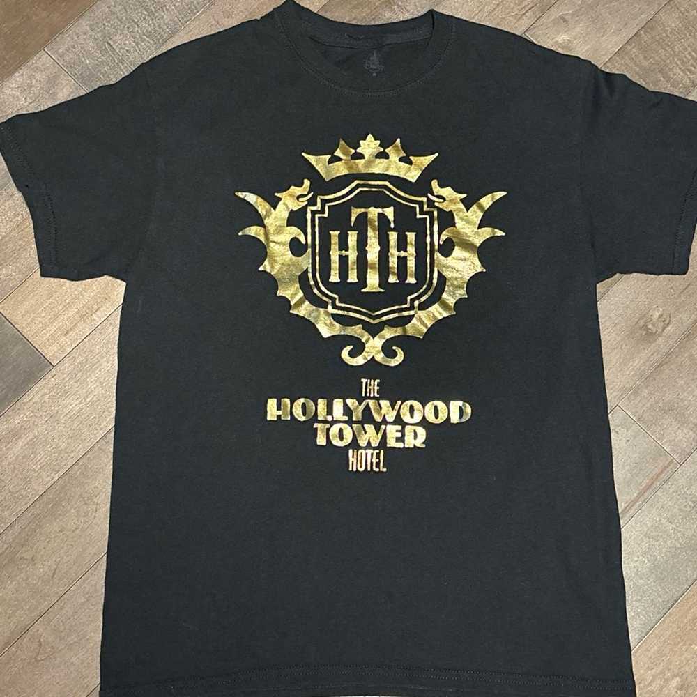 Adult Disney Shirt  Black Gold Hollywood Tower of… - image 1