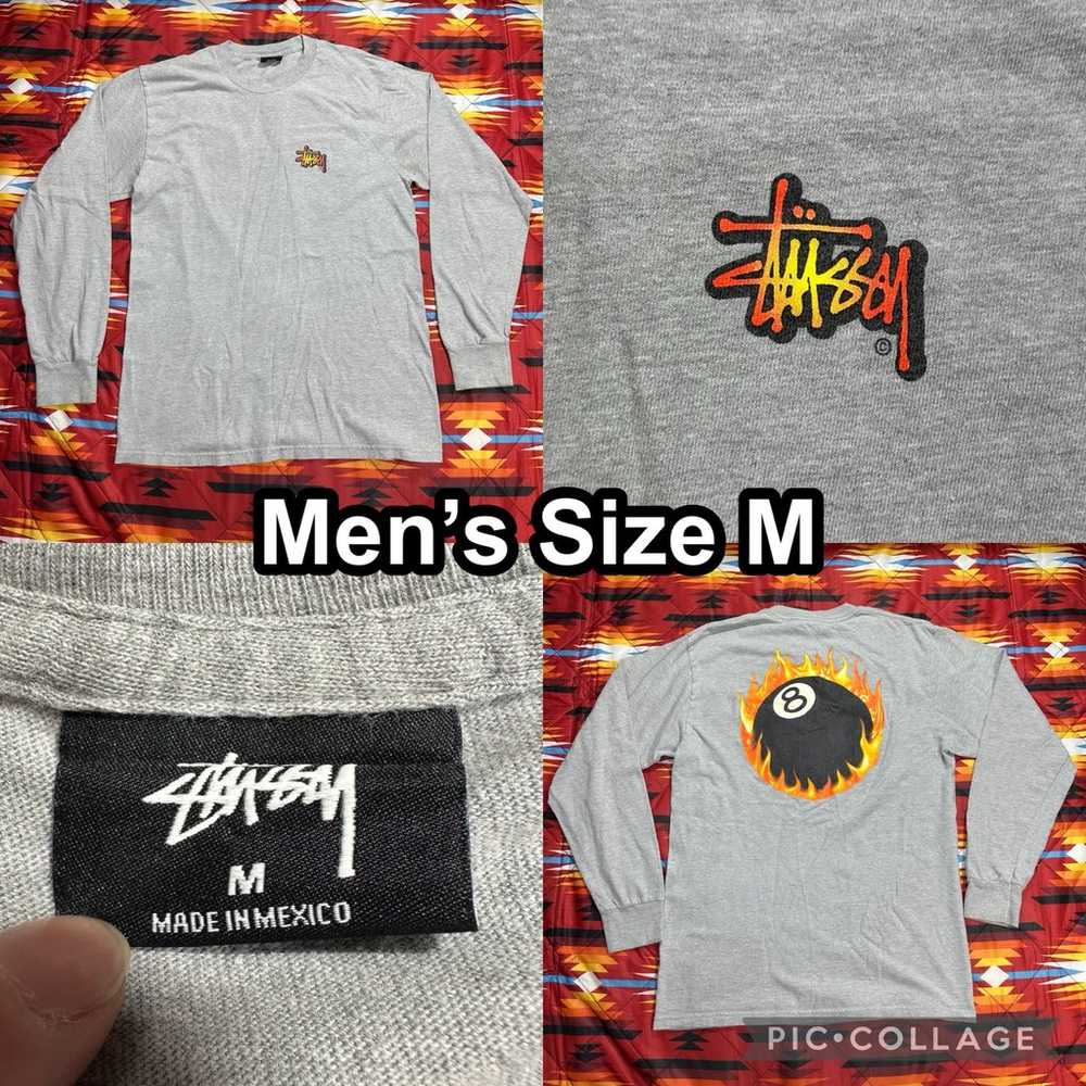 Stussy Flame 8 Ball Long Sleeve Gray T-Shirt Men’… - image 1