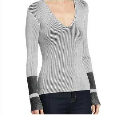 THEORY Optic Stripe Prosecco V-Neck Top Ribbed St… - image 1