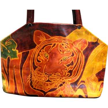 Tiger Hand Tooled Red Orange Leather Purse Tote Ma