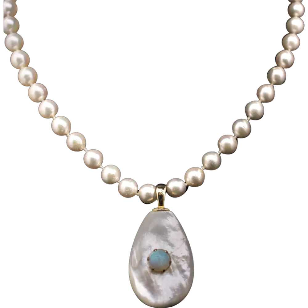 Exquisite 14k Gold Pearl Necklace 27" Opal & Moth… - image 1