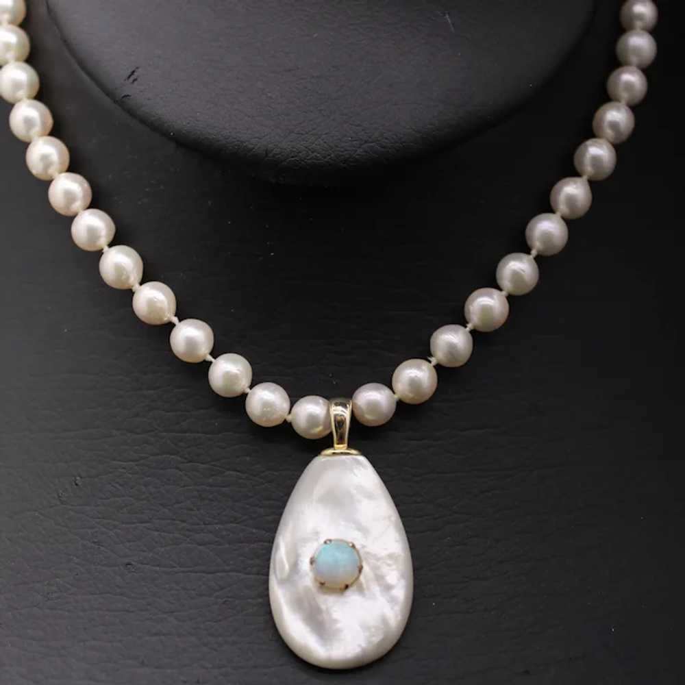 Exquisite 14k Gold Pearl Necklace 27" Opal & Moth… - image 3