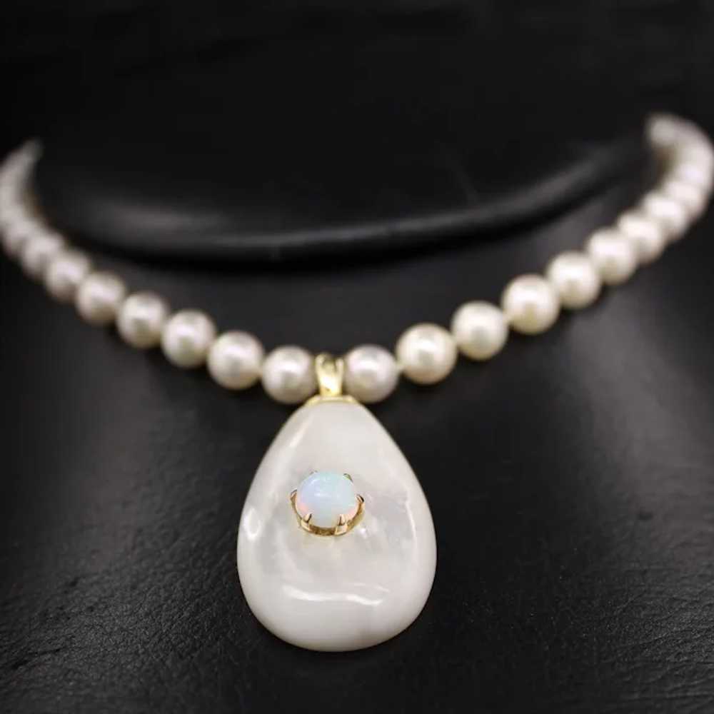 Exquisite 14k Gold Pearl Necklace 27" Opal & Moth… - image 5